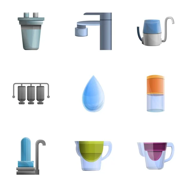 Modern water filtration icon set, cartoon style — Stock Vector