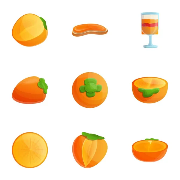 Set ikon persimmon vegan, gaya kartun - Stok Vektor