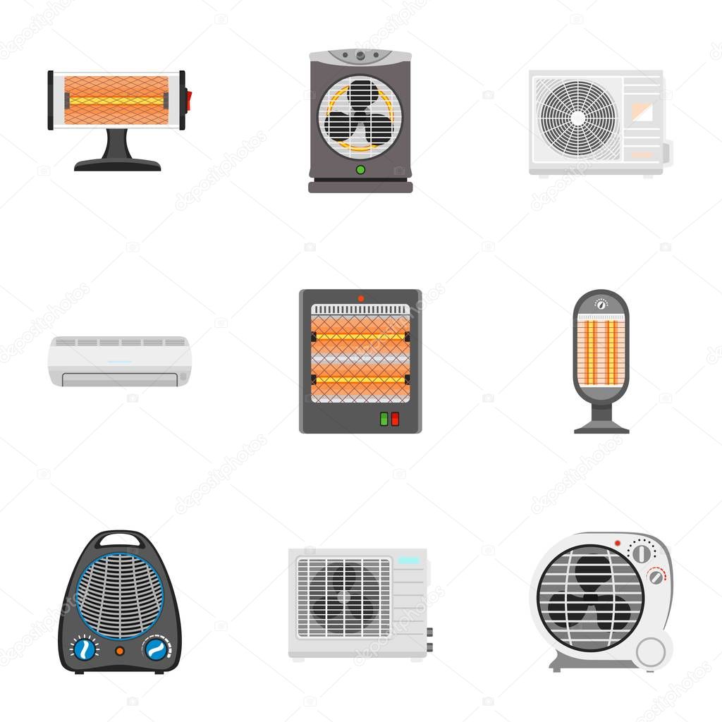 Electric fan heater icon set, flat style