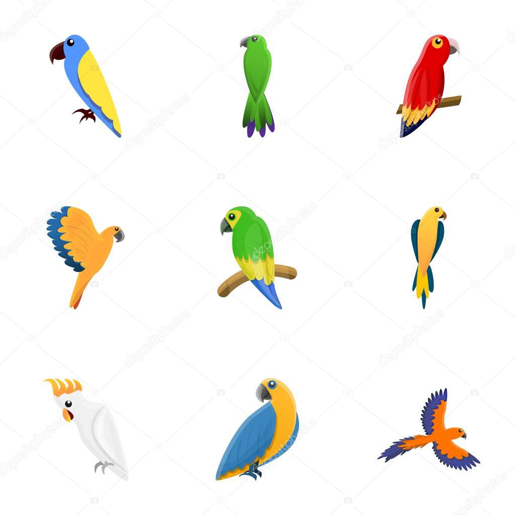 Cute parrot icon set, cartoon style