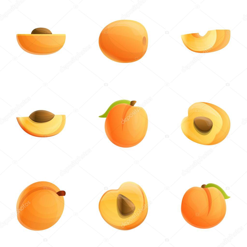Peach juice icon set, cartoon style