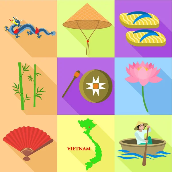 Vietnam conjunto de iconos de vacaciones, estilo plano — Vector de stock