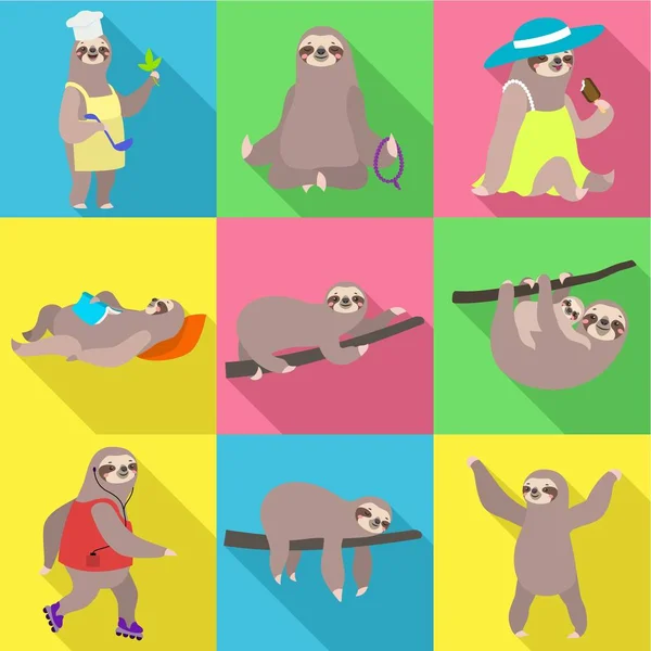 Set ikon sloth lucu, gaya datar - Stok Vektor