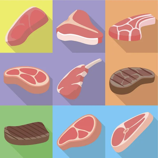 Biologische steak icon set, platte stijl — Stockvector