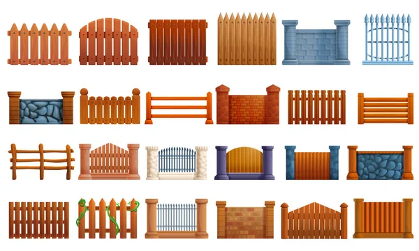 Fence icons set, cartoon style — Stock Vector
