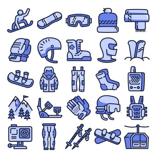 Conjunto de iconos de equipo de snowboard, estilo de esquema — Vector de stock