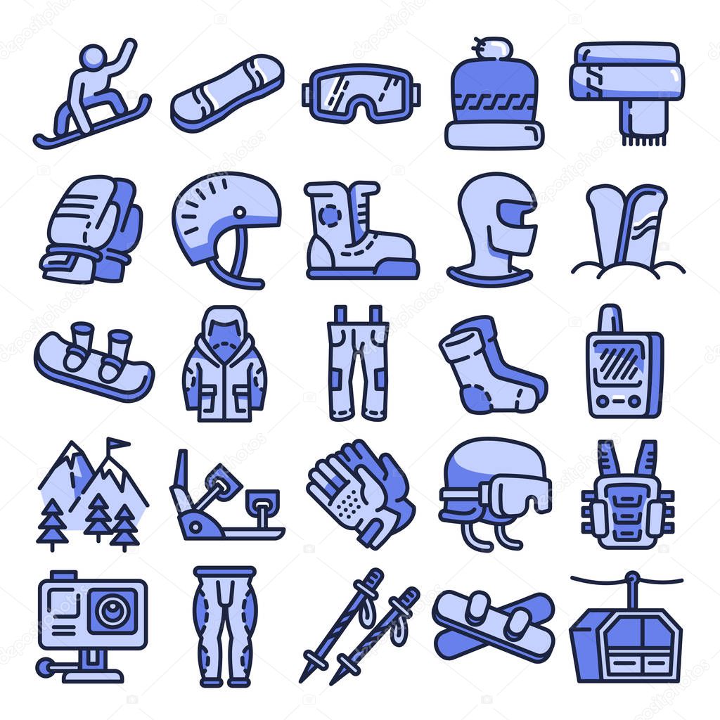 Snowboarding equipment icons set, outline style