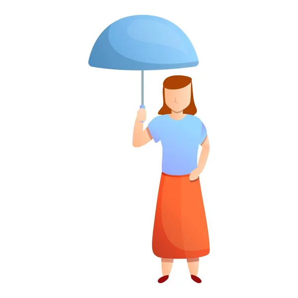 Femme en jupe rouge avec icône de parapluie bleu, style dessin animé — Image vectorielle