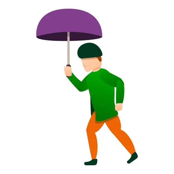 Autumn man under rain icon, cartoon style
