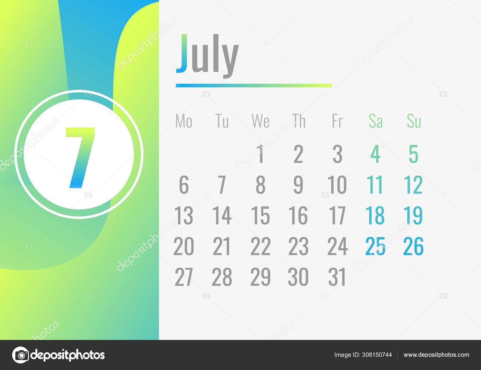 7月カレンダー2020コンセプトバナー 漫画風 ストックベクター