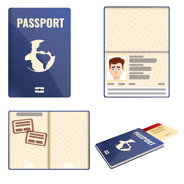 Conjunto de ícones de passaporte, estilo cartoon — Vetor de Stock