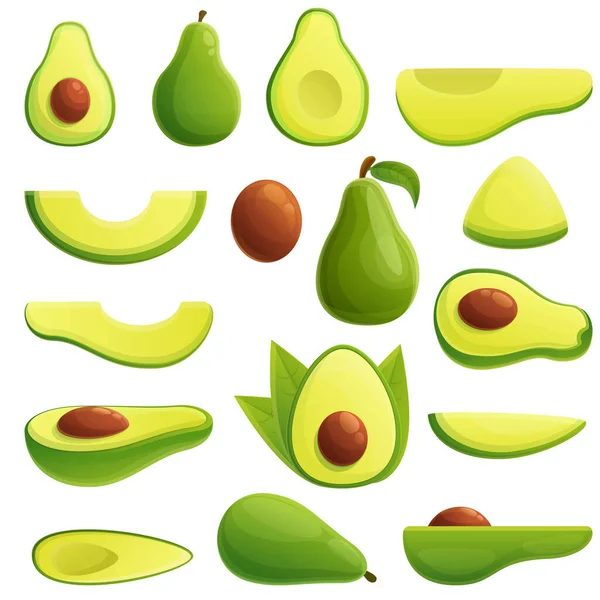 Set icone avocado, stile cartone animato — Vettoriale Stock