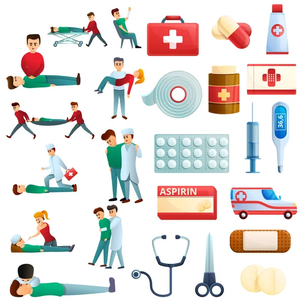 Conjunto de iconos de primeros auxilios médicos, estilo de dibujos animados — Vector de stock