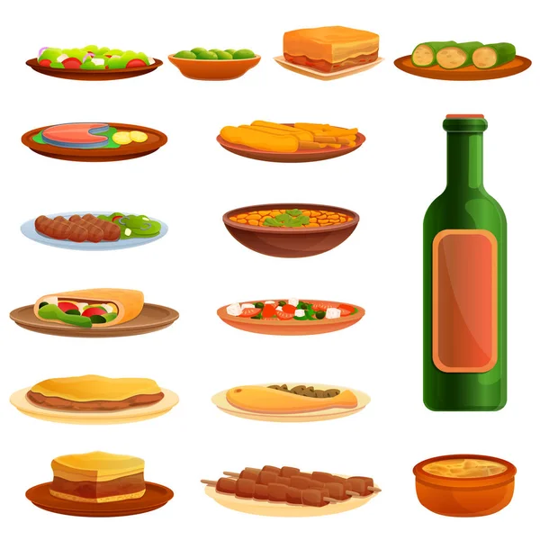Conjunto de ícones de cozinha grega, estilo cartoon —  Vetores de Stock