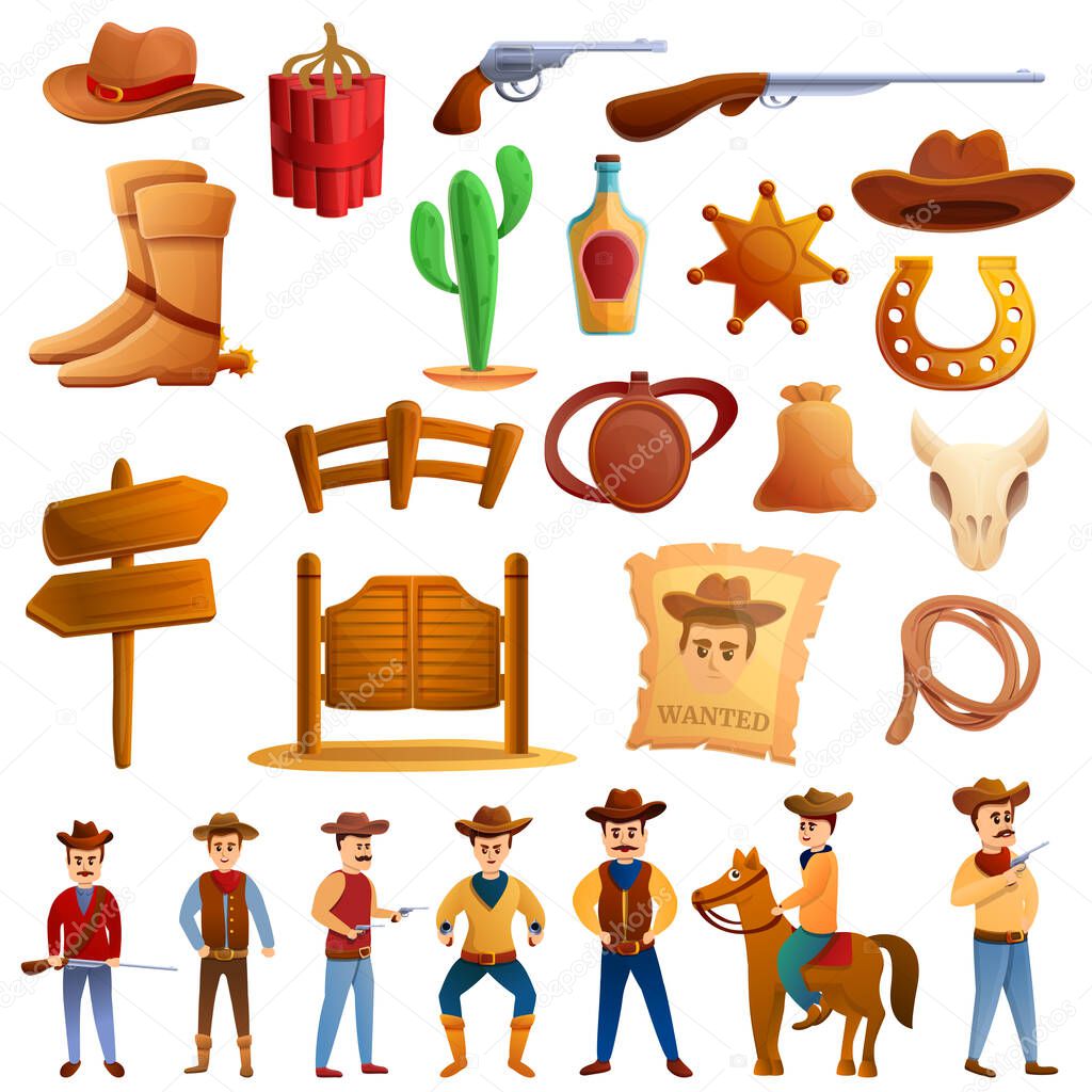Cowboy icons set, cartoon style