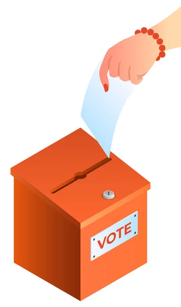 Frauenhand wirft Stimmzettel in die Wahlurne — Stockvektor