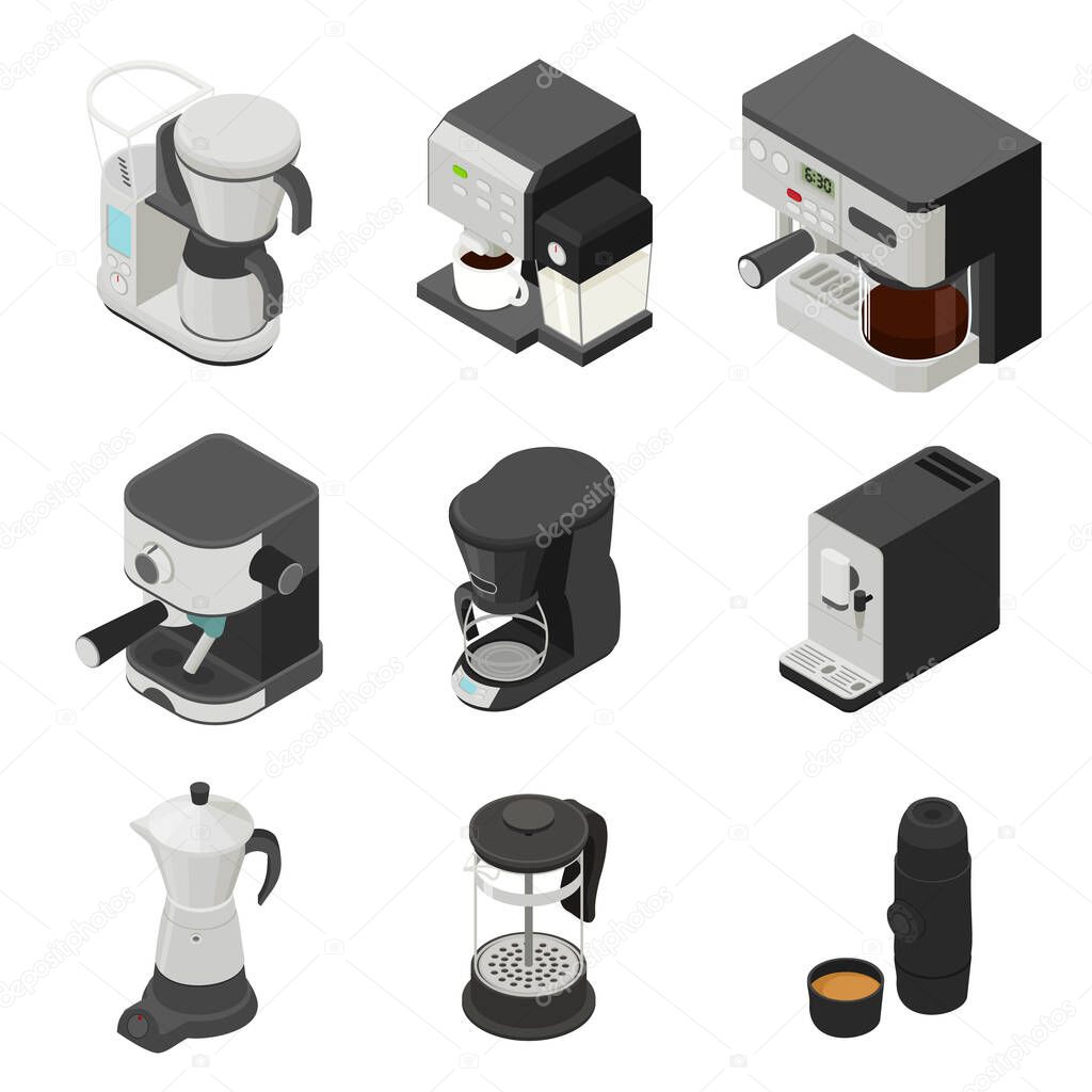 Coffee maker icons set, isometric style