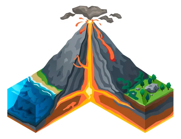 Volcano structure concept banner, isometric style — Stock Vector