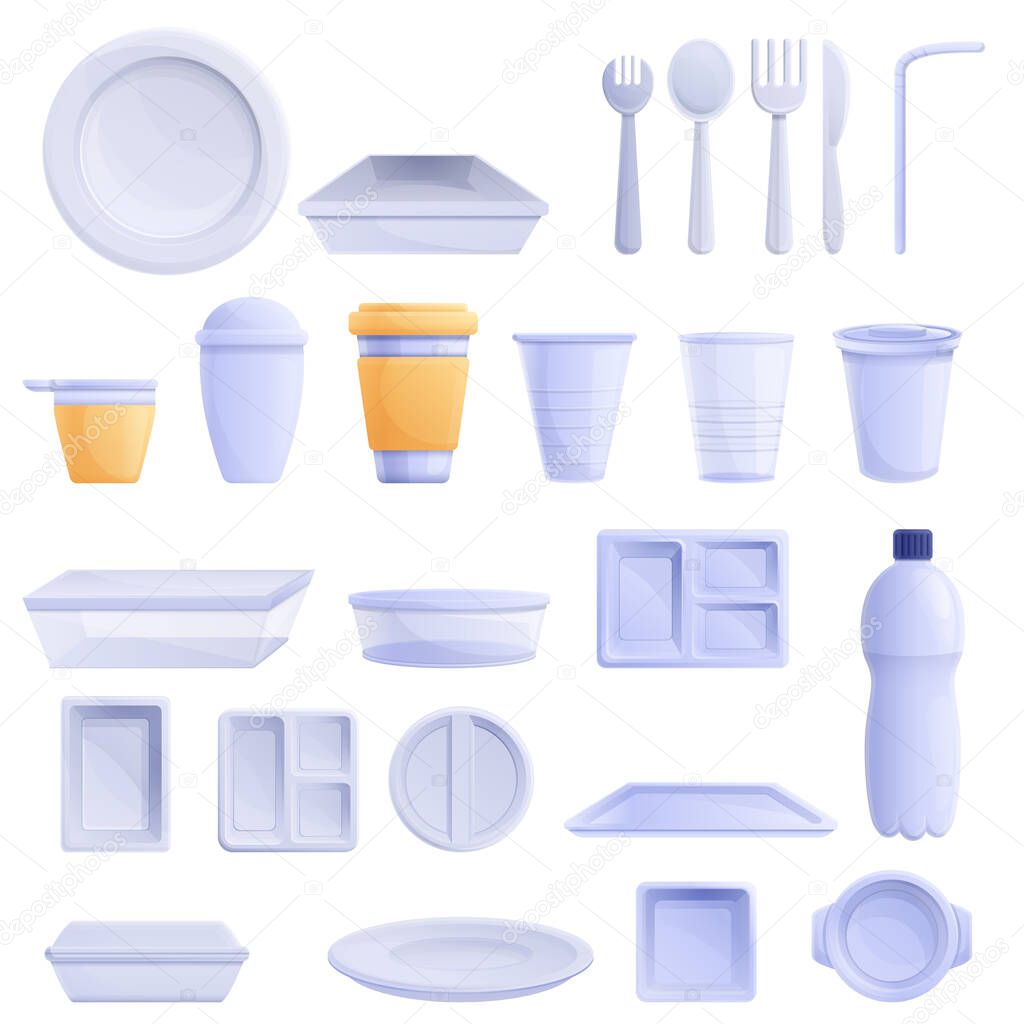 Plastic tableware icons set, cartoon style