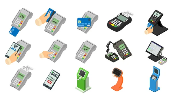 Bank terminal iconen set, isometrische stijl — Stockvector