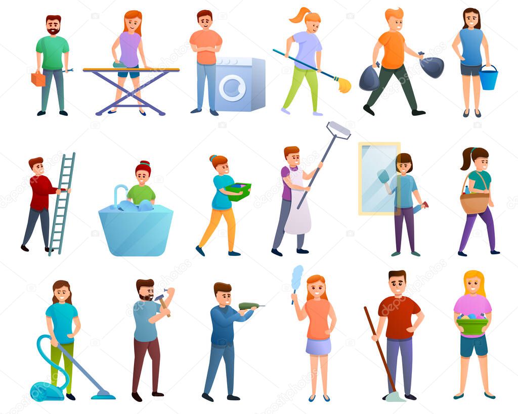Housekeeping icons set, cartoon style