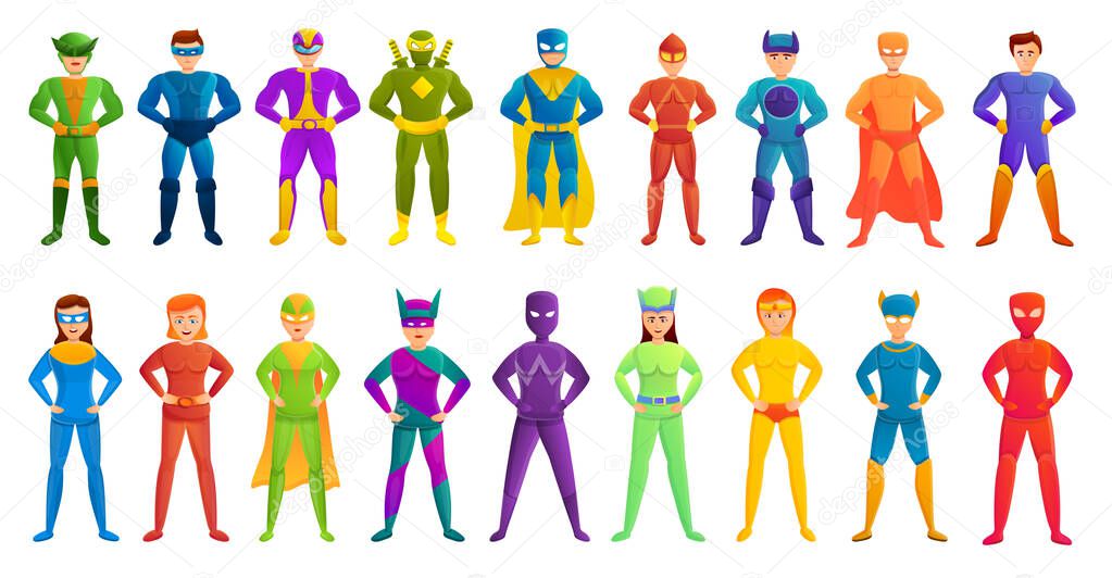 Superhero icons set, cartoon style