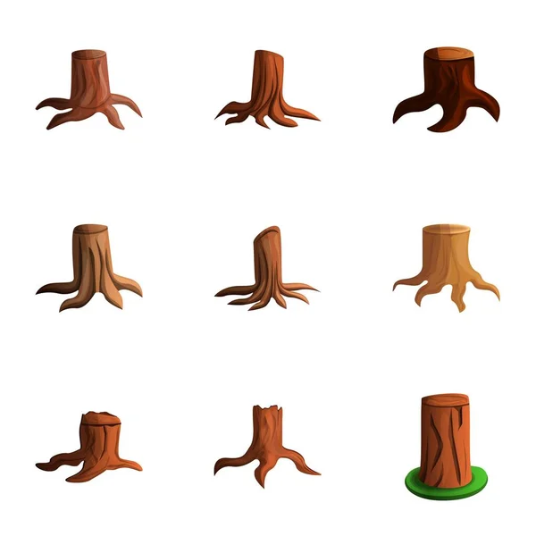 Ensemble d'icônes de souche d'arbre de nature, style dessin animé — Image vectorielle