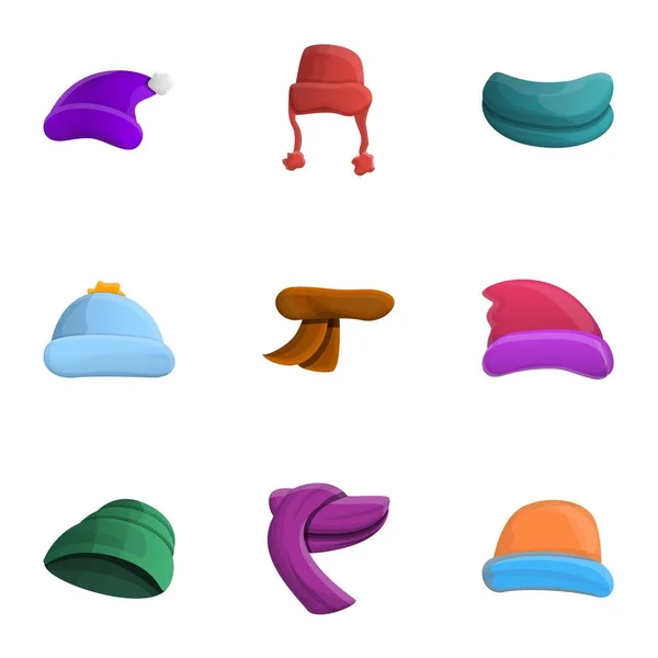 Conjunto de iconos de sombreros de invierno cálido, estilo de dibujos animados — Vector de stock