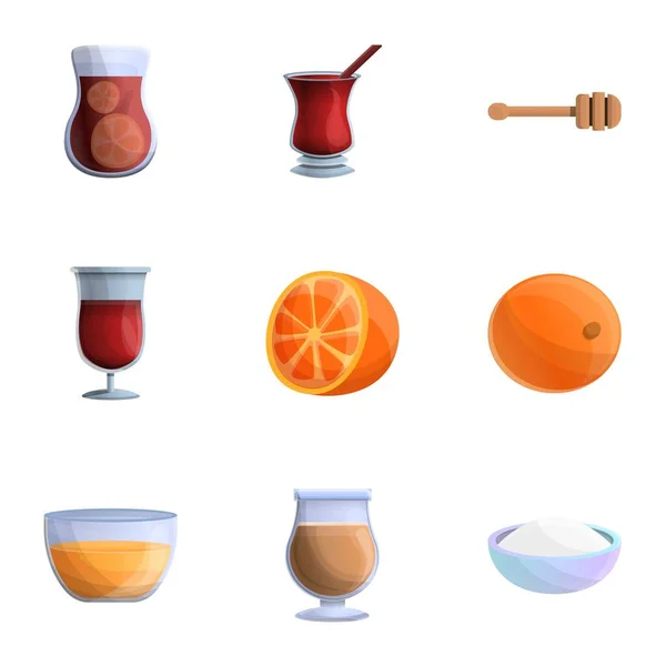 Set de iconos de vino caliente con especias, estilo de dibujos animados — Vector de stock