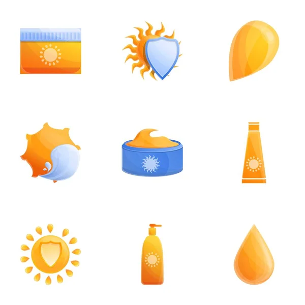 Protetor solar conjunto de ícones de creme, estilo dos desenhos animados — Vetor de Stock