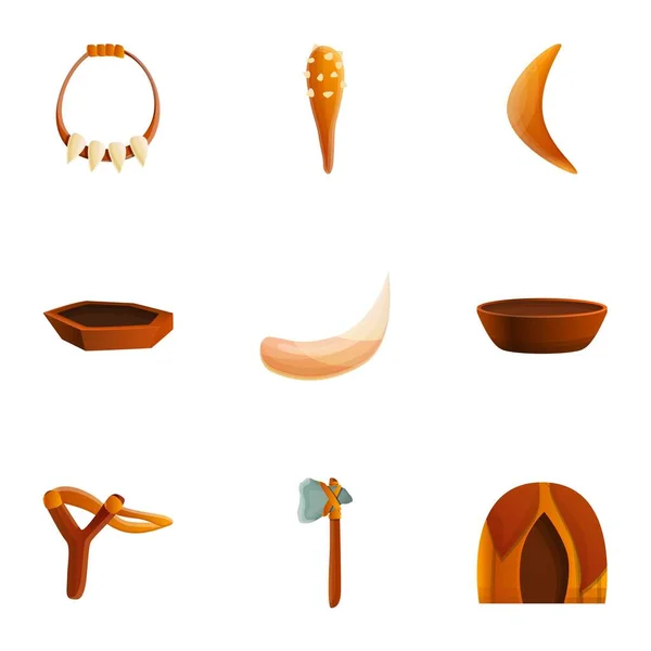Set di icone per attrezzature dell'età della pietra, stile cartone animato — Vettoriale Stock