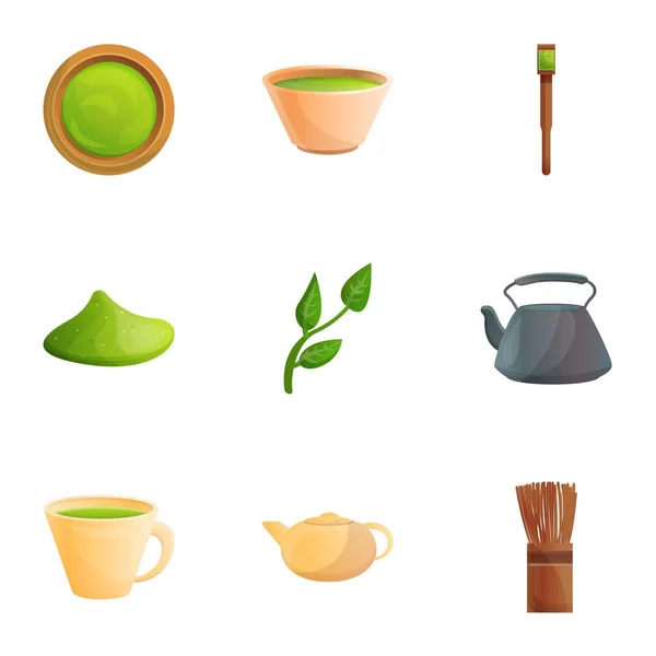 Set di icone di tè matcha verde, stile cartone animato — Vettoriale Stock