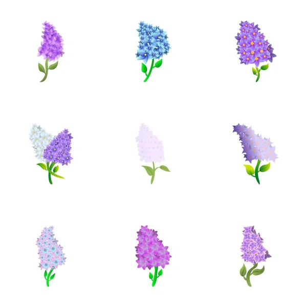 Lilac lente bloem pictogram set, cartoon stijl — Stockvector