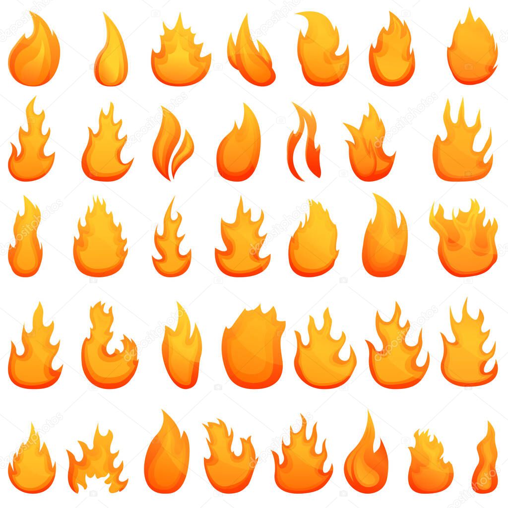 Fire flame icons set, cartoon style