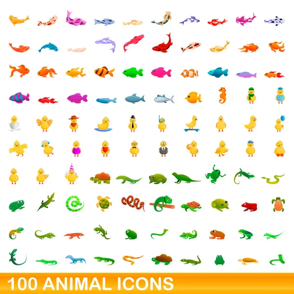 100 iconos de animales conjunto, estilo de dibujos animados — Vector de stock