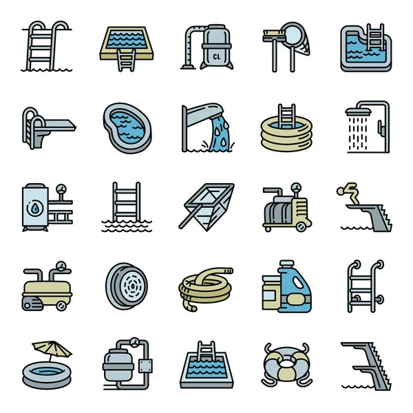 Conjunto de iconos de equipo de piscina, estilo de esquema — Vector de stock