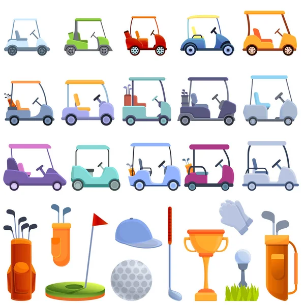 Ensemble d'icônes de voiturette de golf, style dessin animé — Image vectorielle
