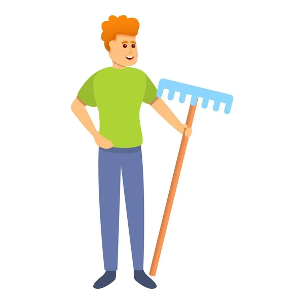 Ecologist boy with rake icon, cartoon style — Stock Vector