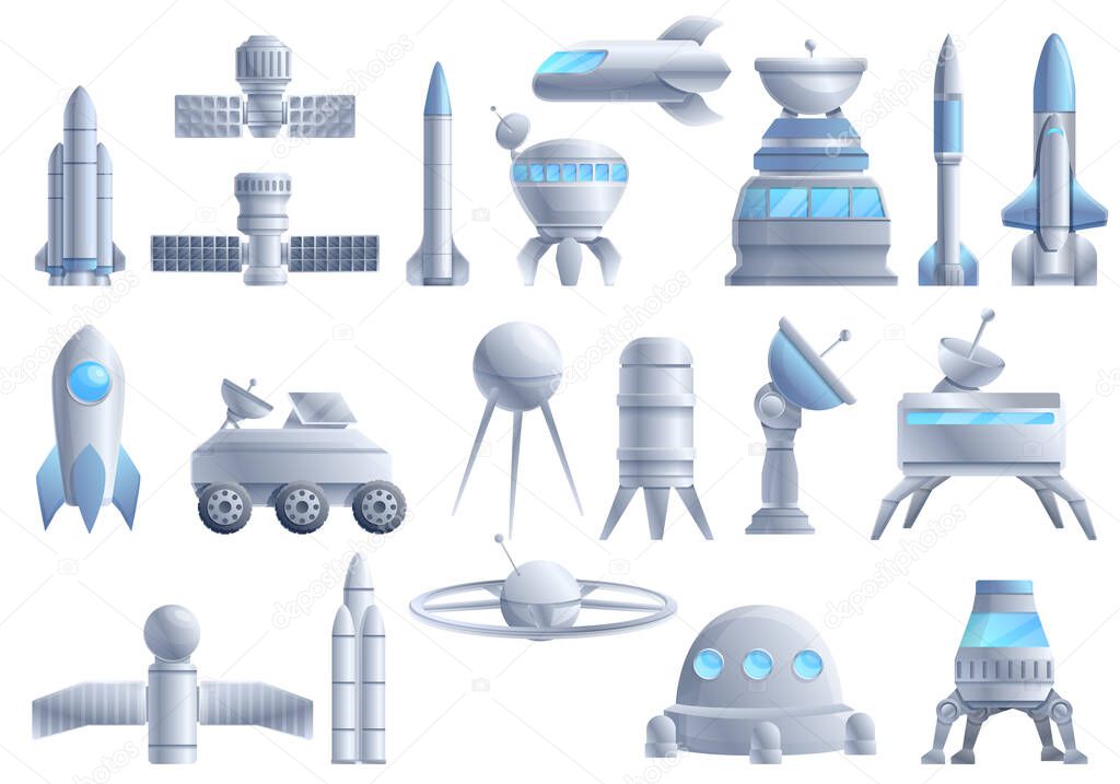 Space station icons set, cartoon style
