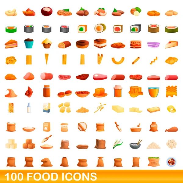 100 Food Icons Set, Cartoon-Stil — Stockvektor