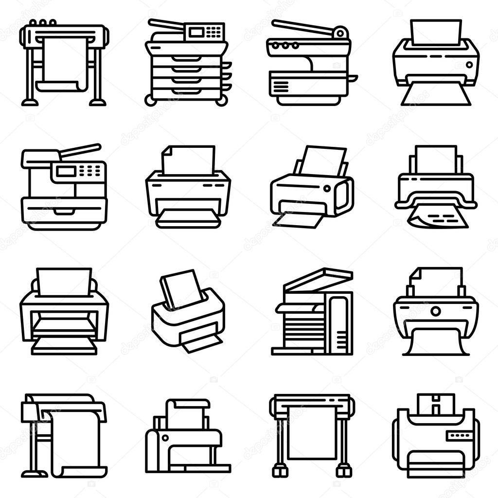 Printer icons set, outline style