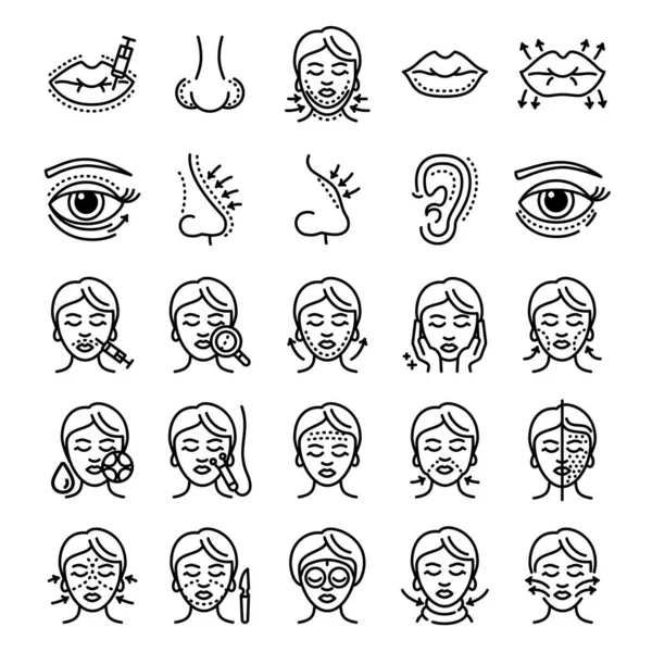 Liften van het gezicht pictogrammen set, omtrek stijl — Stockvector