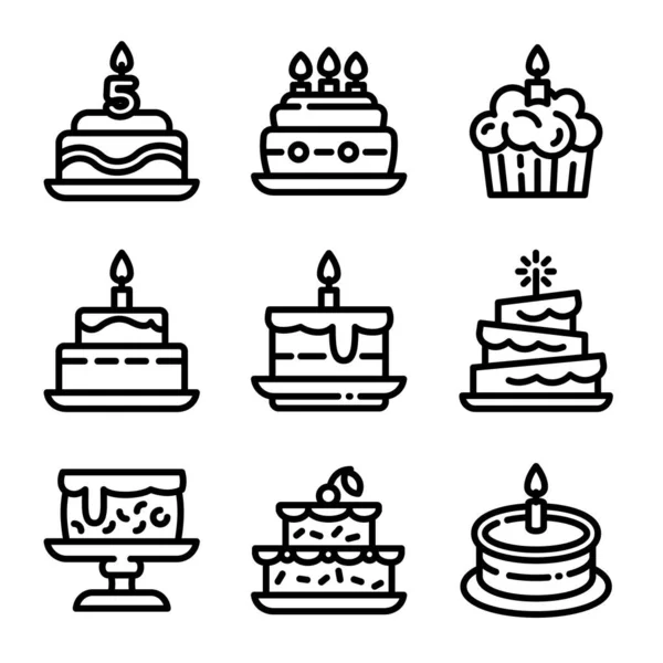 Conjunto de iconos de cumpleaños de pastel, estilo de esquema — Archivo Imágenes Vectoriales