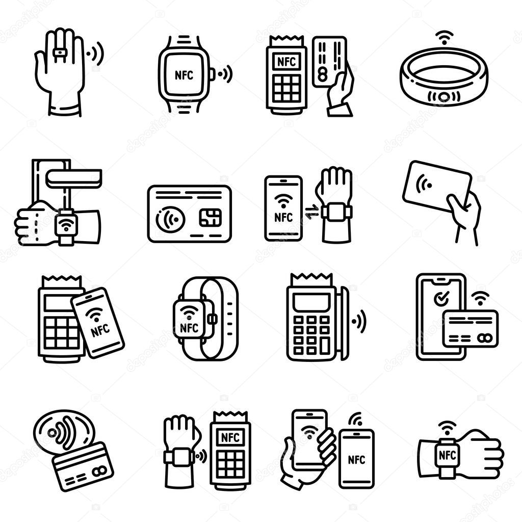 Nfc technology icons set, outline style
