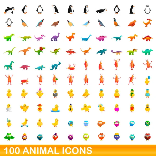 100 conjunto de ícones animais, estilo cartoon — Vetor de Stock