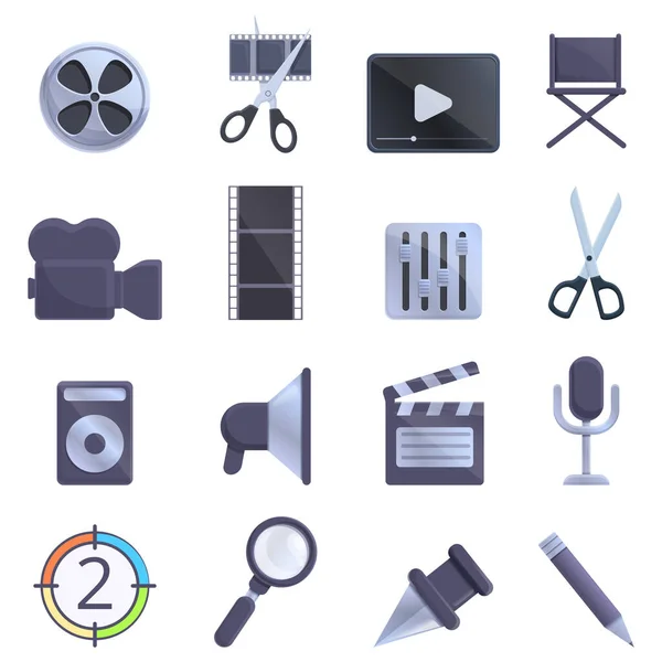 Набор значков для редактирования видео, стиль мультфильма — стоковый вектор