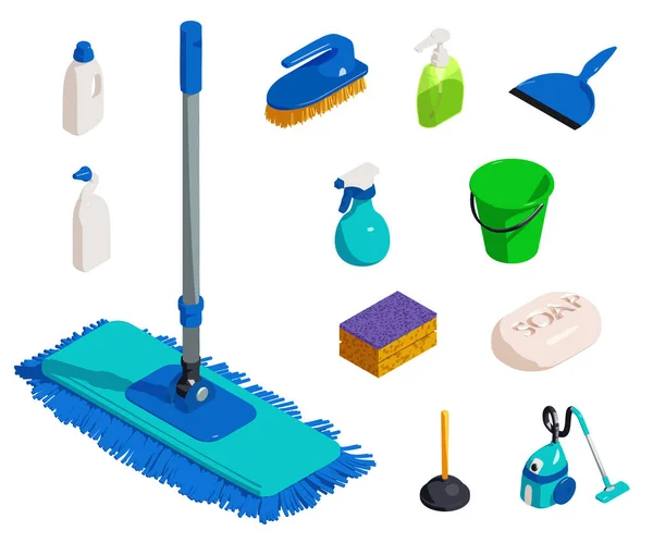 Conjunto de ícones de equipamentos de limpeza, estilo isométrico — Vetor de Stock