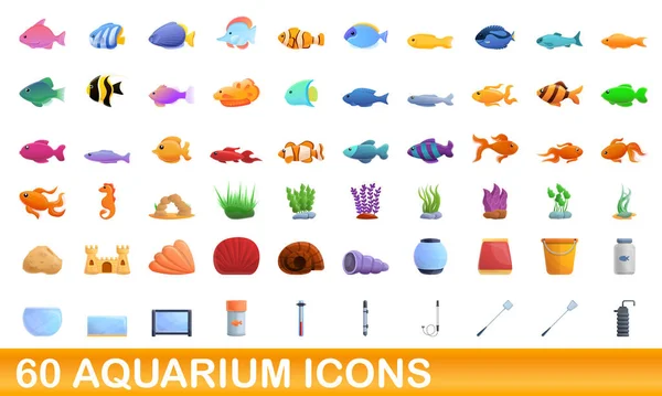 60 aquarium icons set, cartoon style — Stock Vector