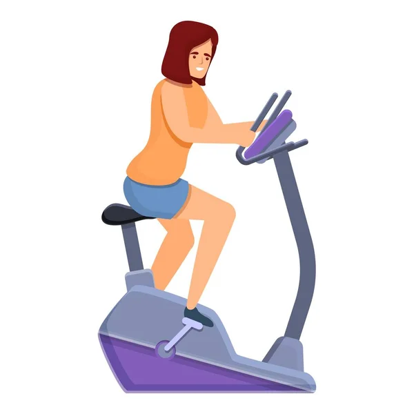 Ícone de bicicleta de exercício de mulher, estilo de desenho animado — Vetor de Stock