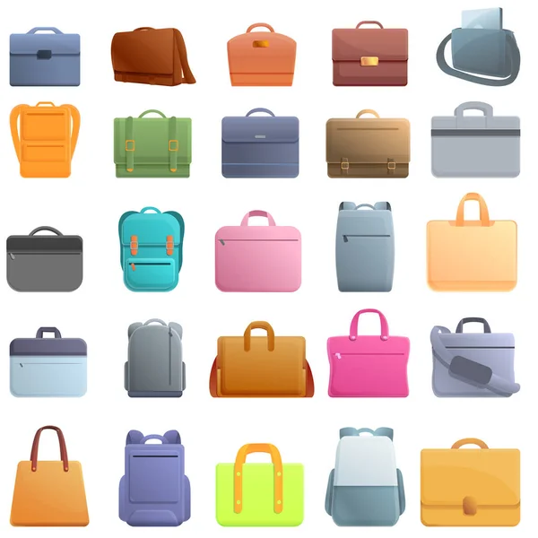 Conjunto de iconos de bolsa para computadora portátil, estilo de dibujos animados — Vector de stock